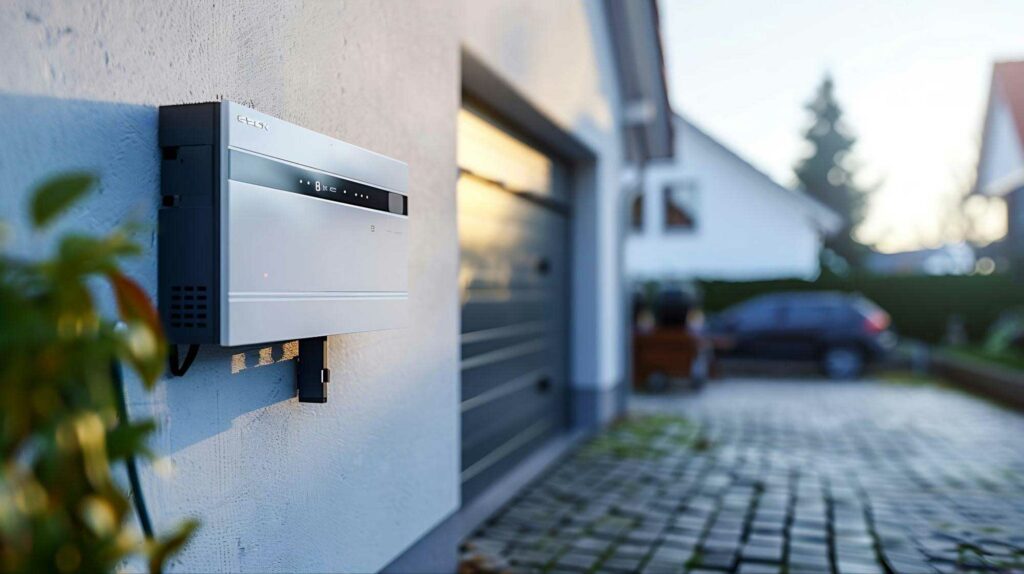 Batterie solaire physique fixée à l’extérieur d’une maison individuelle dans un quartier résidentiel