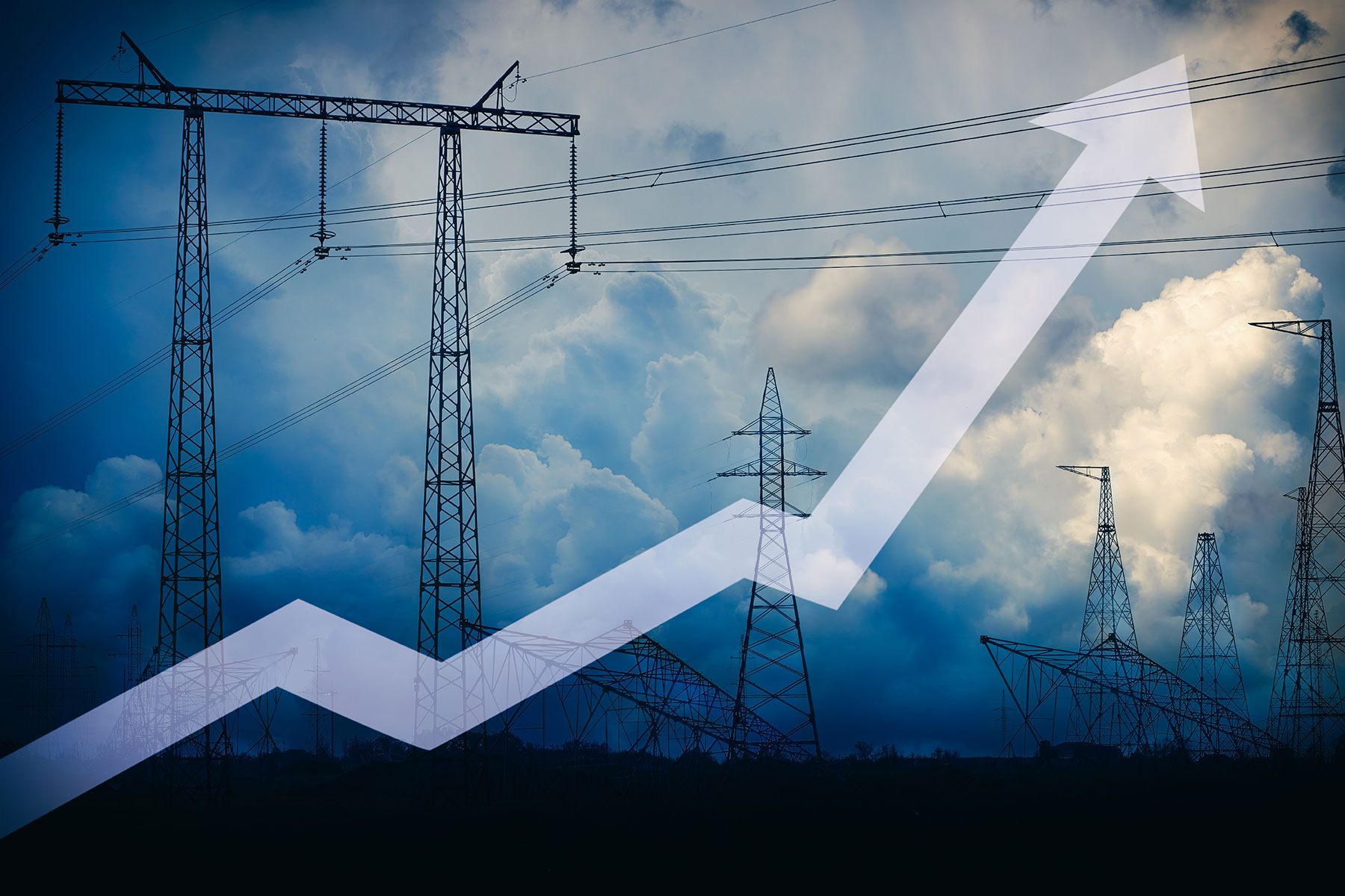 Hausse des prix de l’électricité illustrée par une flèche ascendante sur des lignes à haute tension